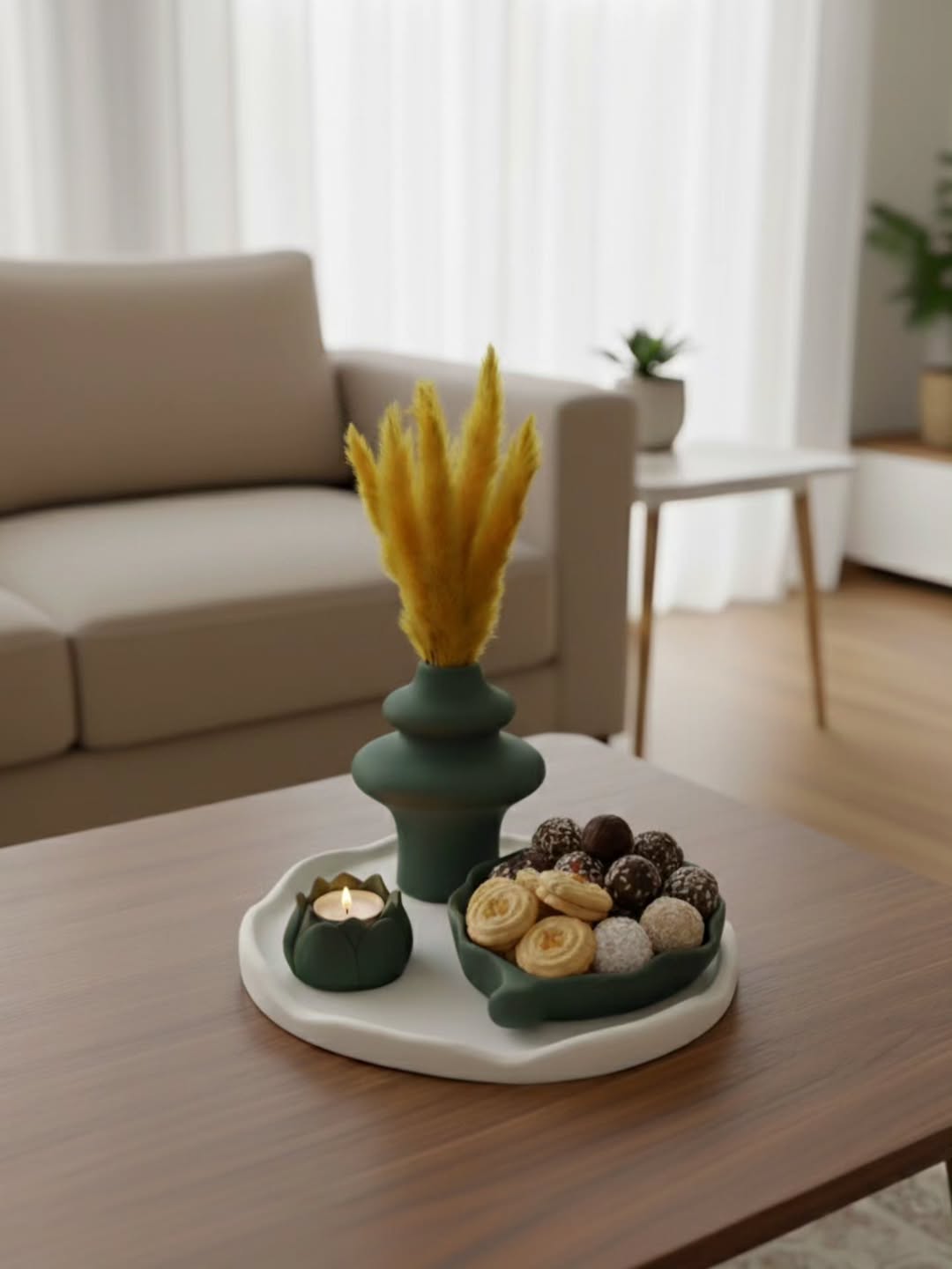 ست دکوری روی میز جلو مبلی خاص ترکیب گلدان، ظرف دفرمه و جای وارمر