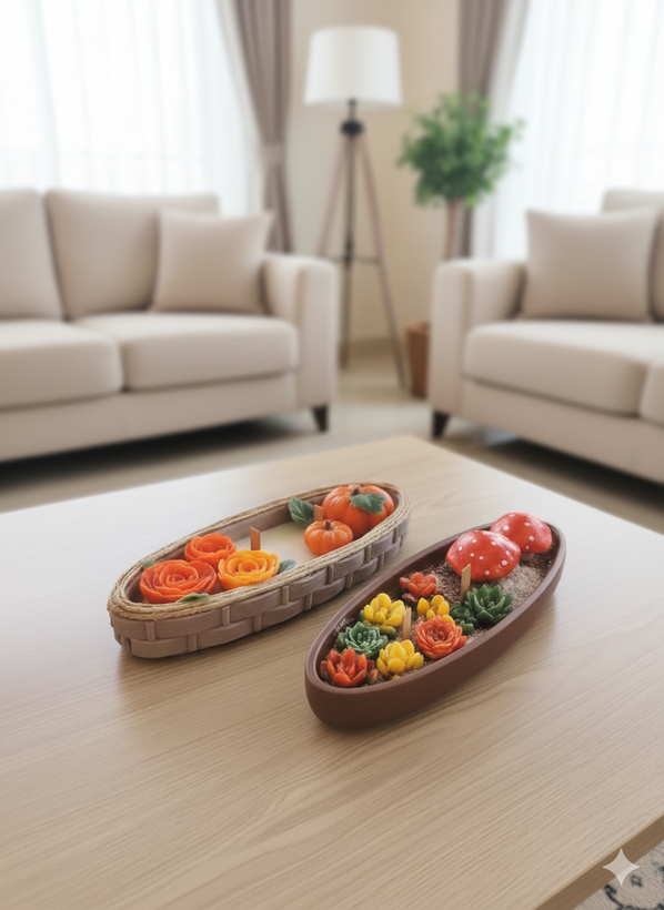 ظرف شمع قایقی باغچه کاکتوس و قارچ دستساز